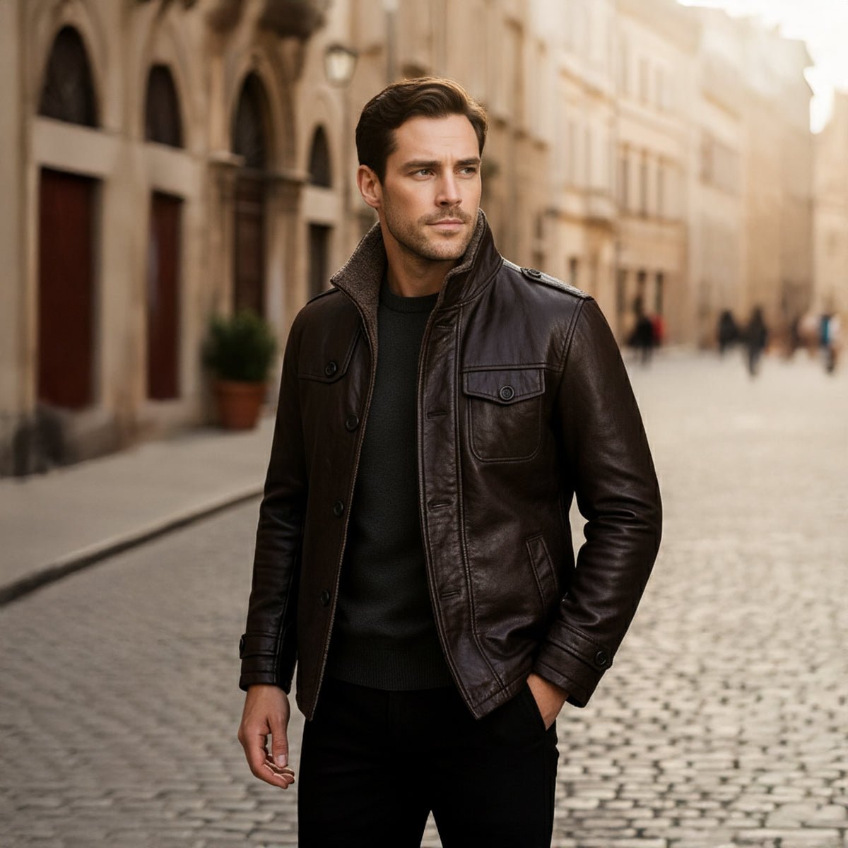 Lansbury | Leather Jacket with Fleece Lining and Stand Collar