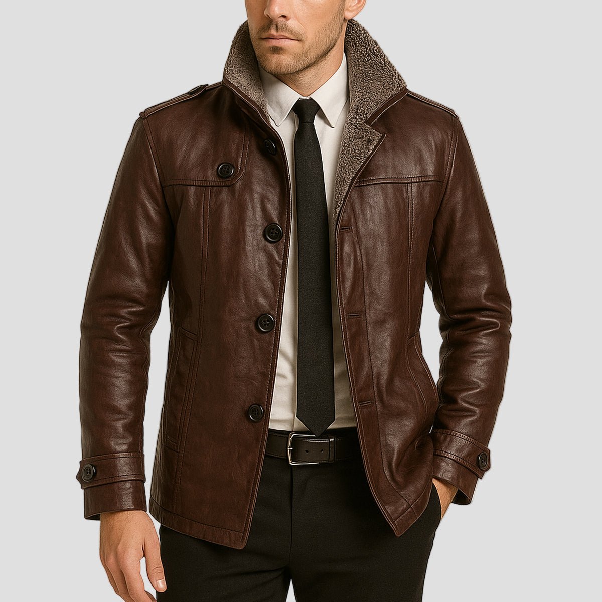 Lansbury | Leather Jacket with Fleece Lining and Stand Collar